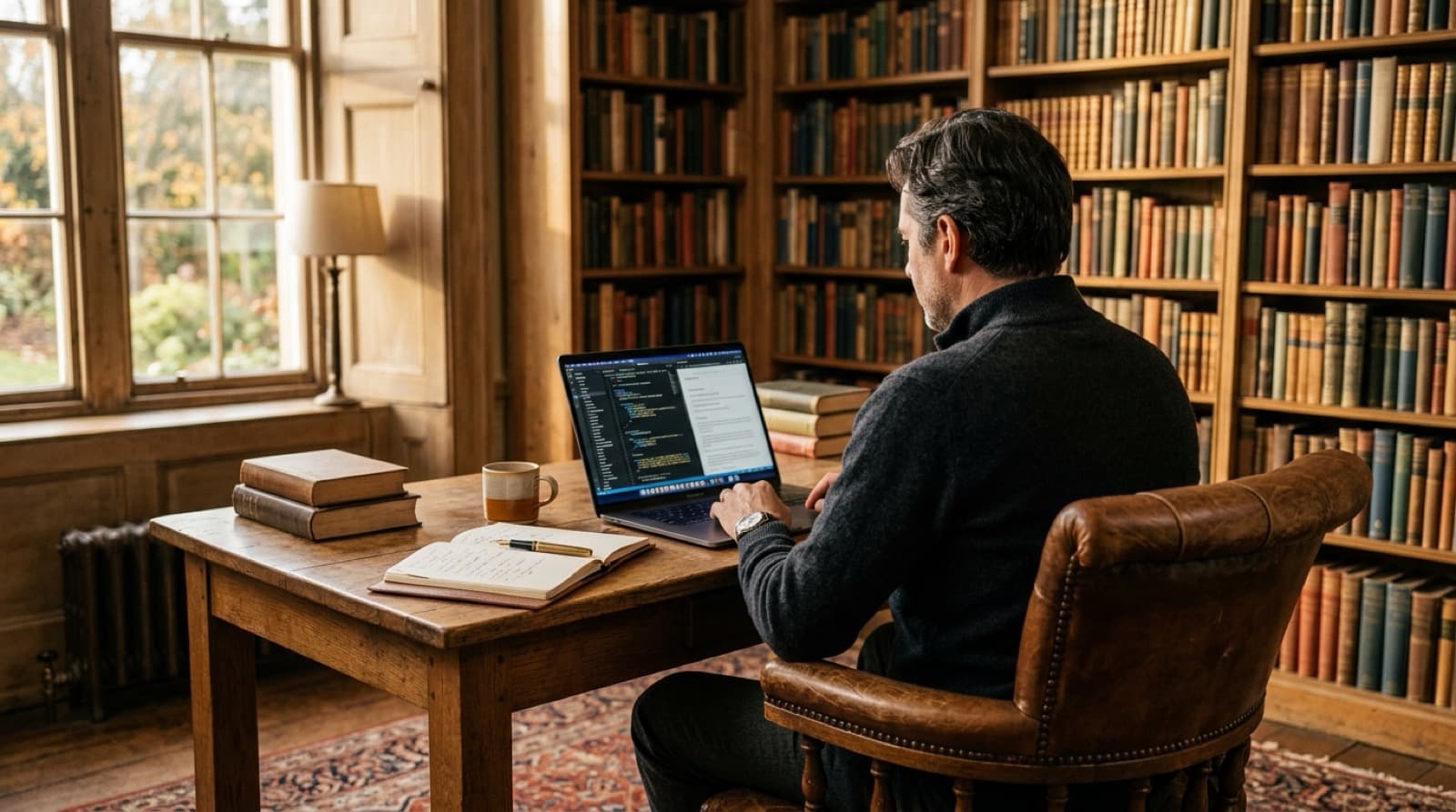 Simon working on a laptop in a book-lined study