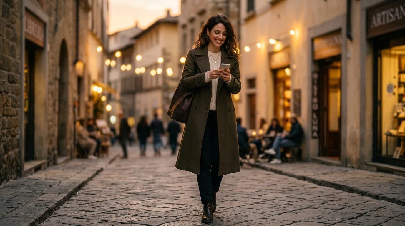 Maria on the move, checking her phone on an evening street