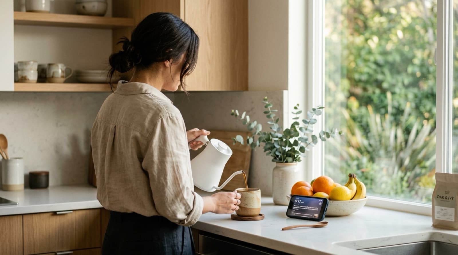 Maria making coffee at home, with her phone on the kitchen counter
