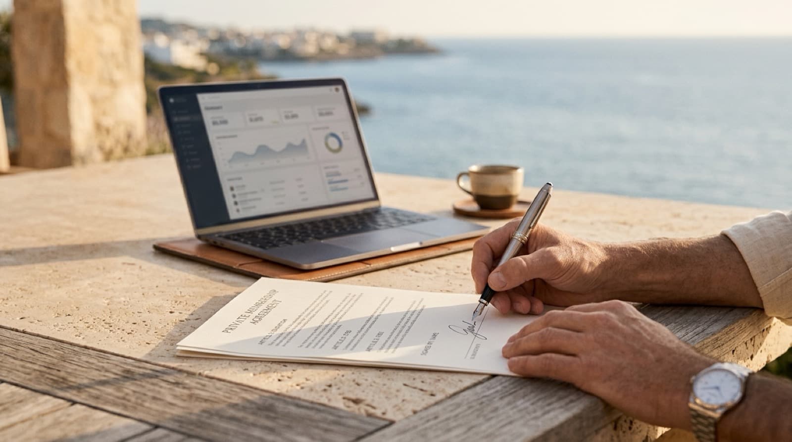 Hands signing a document beside a laptop on a seaside terrace