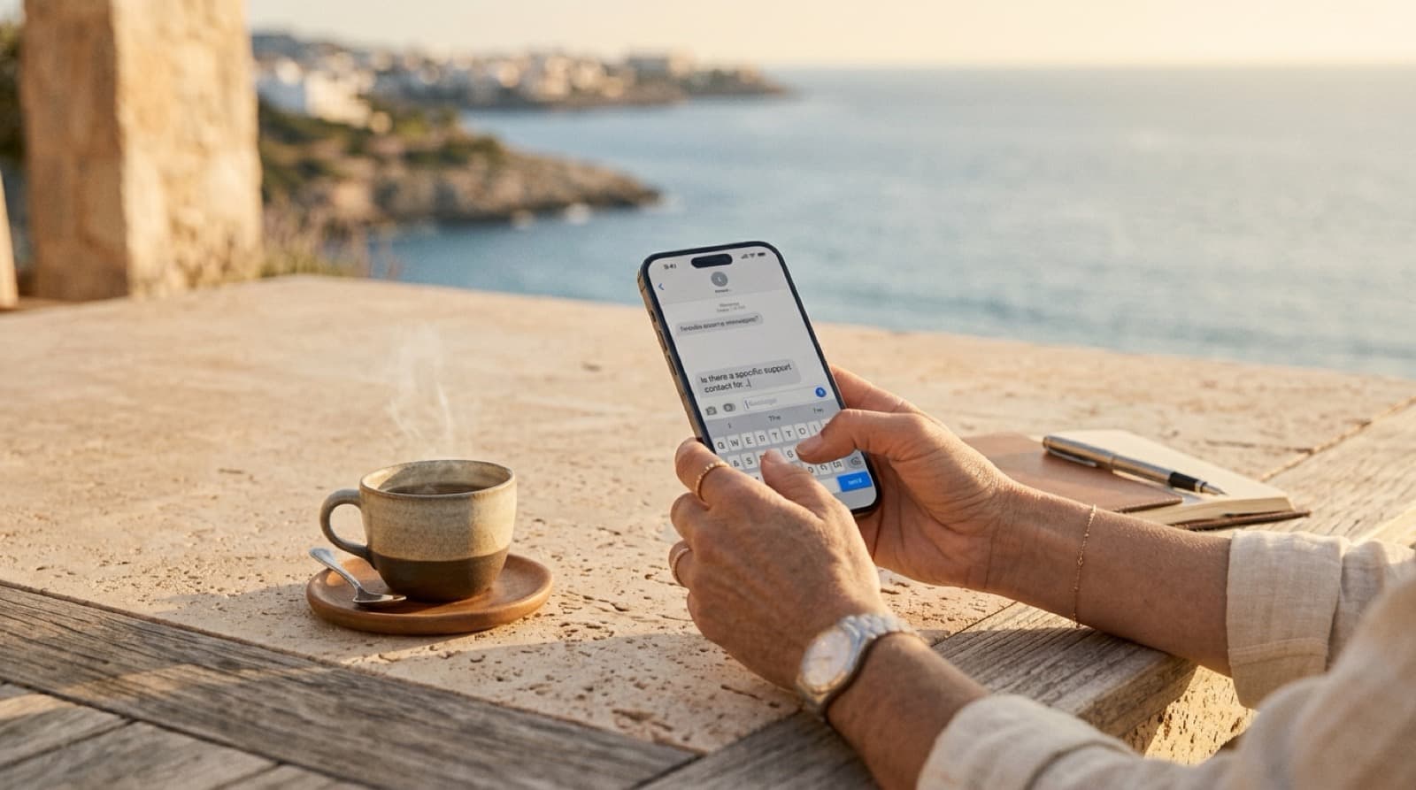 Hands holding a phone showing an account screen, beside a coffee on a terrace