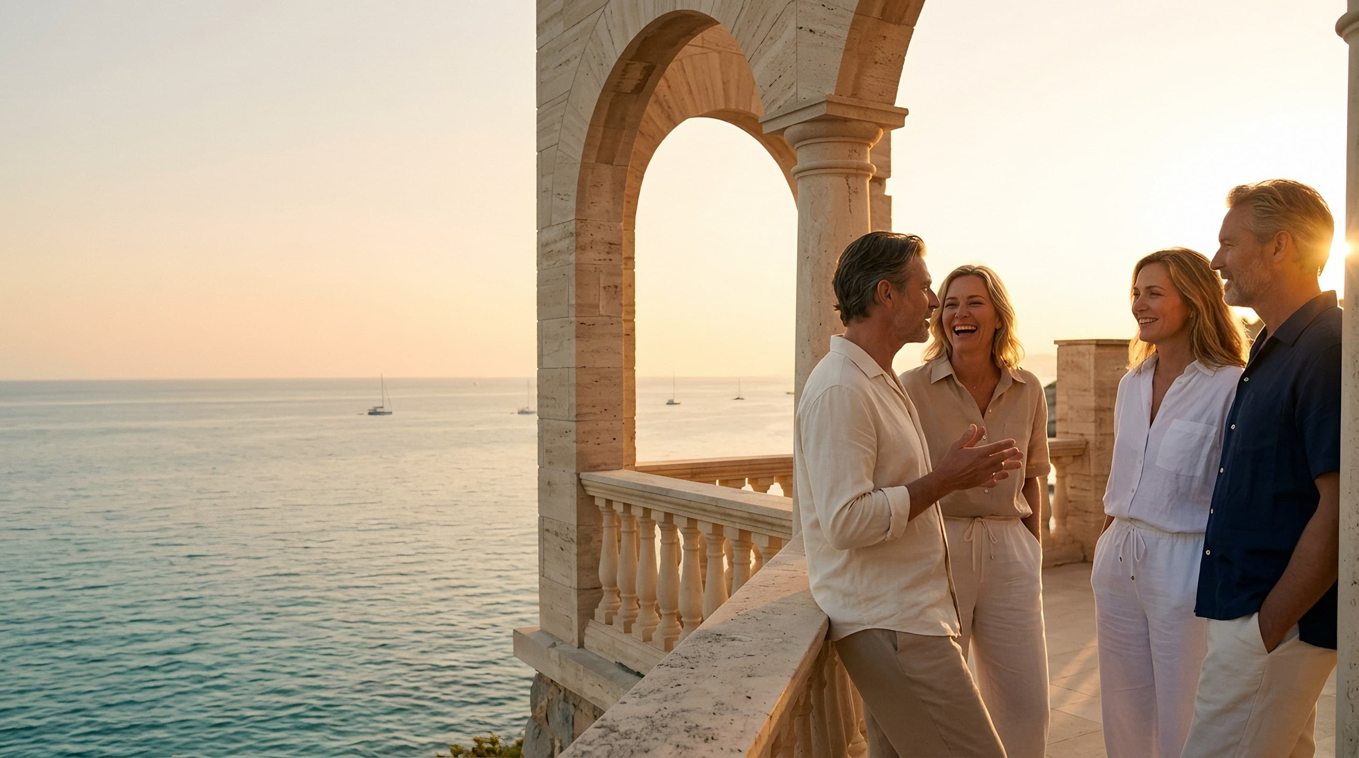 Four friends talking and laughing under a stone archway above the sea at sunset