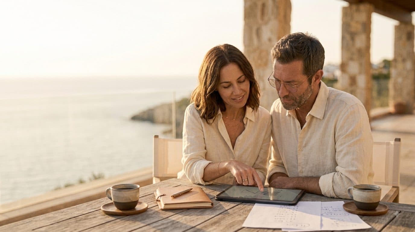 Two people reviewing an update together on a tablet
