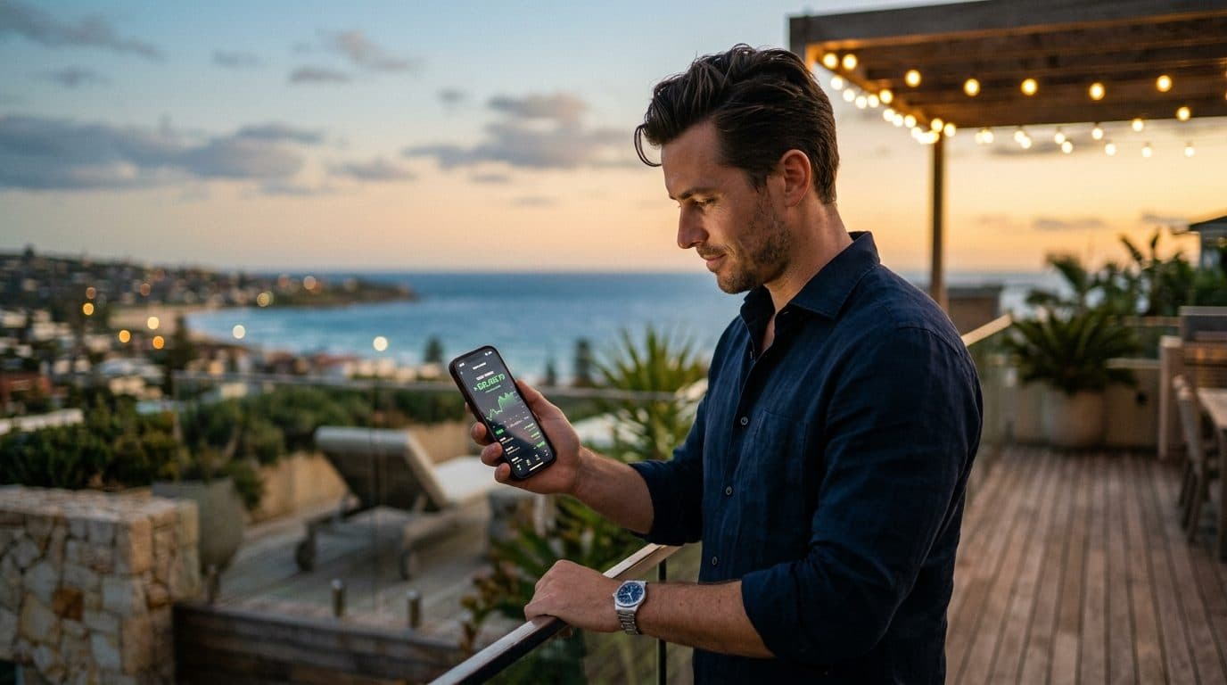 A member checking his broker account on a phone
