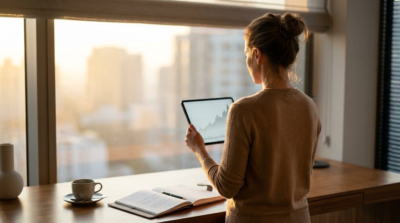 A member reviewing figures on a tablet at her desk