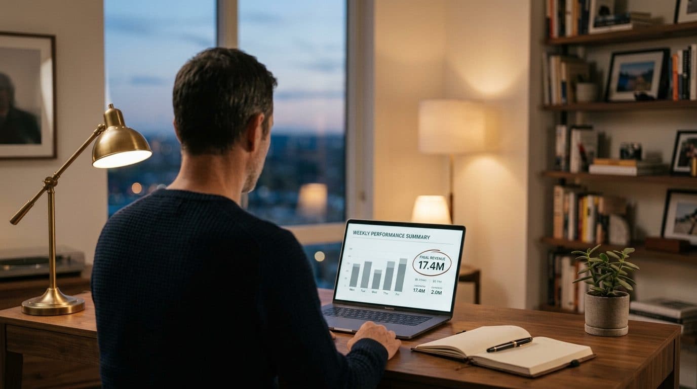 A weekly performance update being reviewed on a laptop