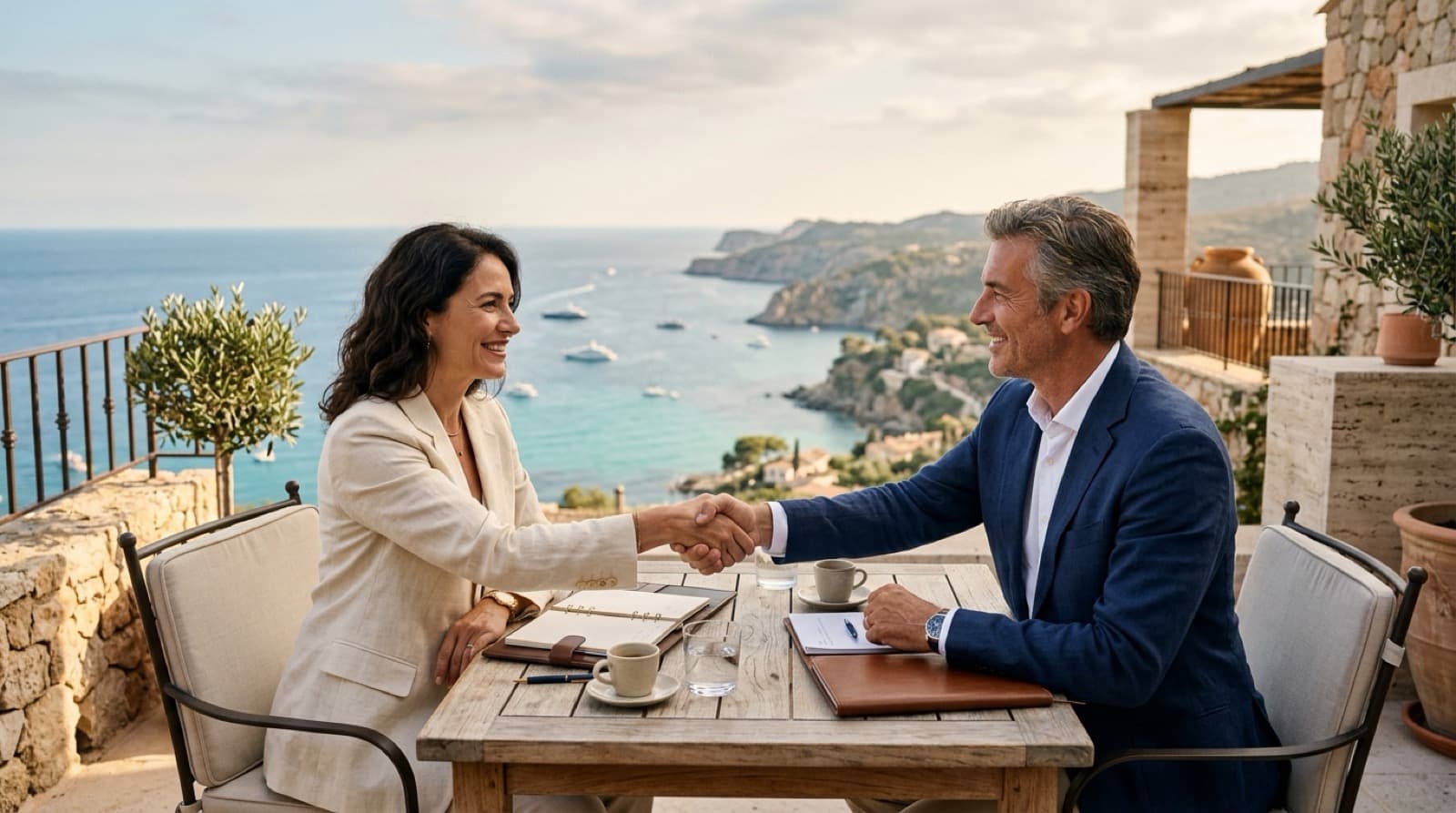 A man and a woman shaking hands across a table on a sunny seaside terrace