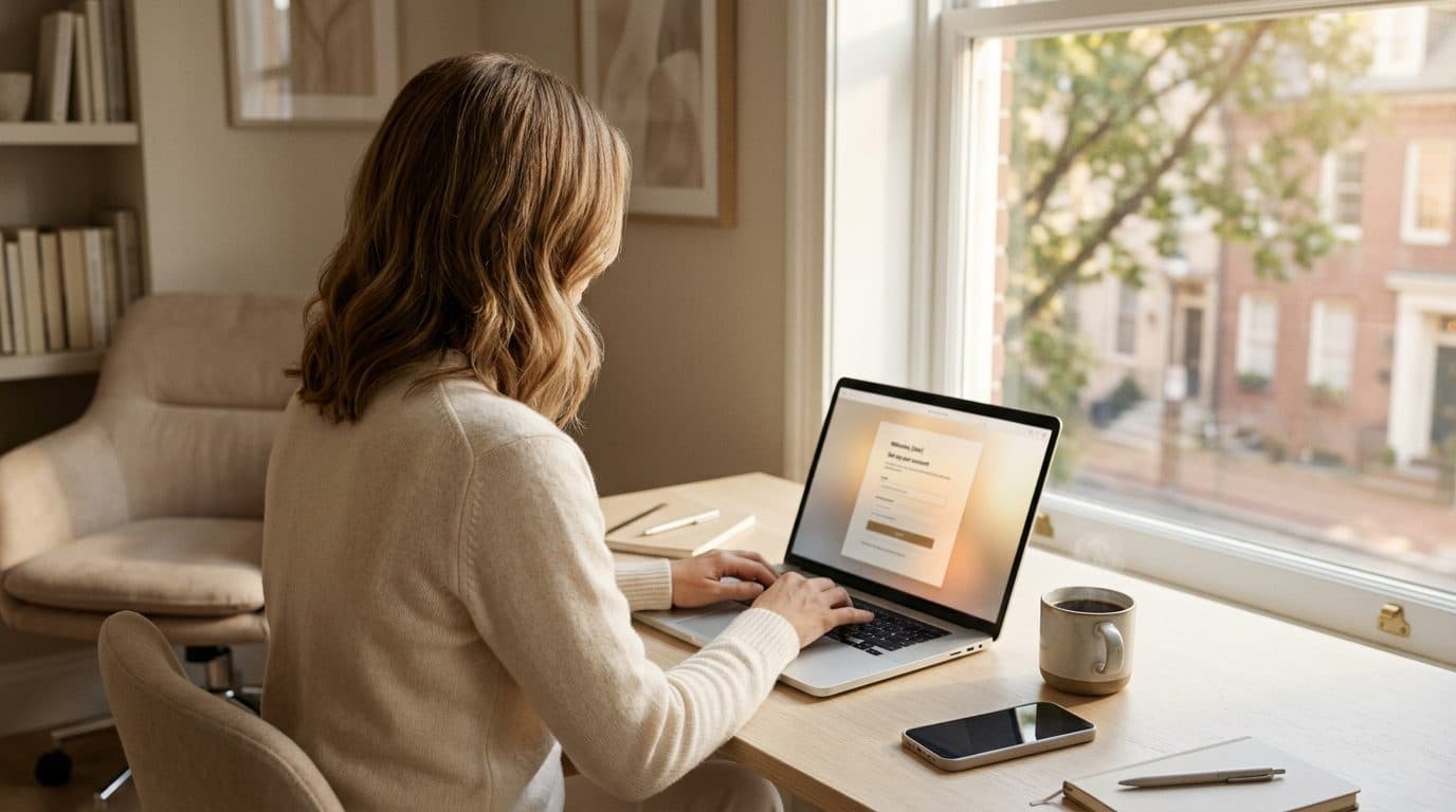 A woman working on a laptop at her desk at home