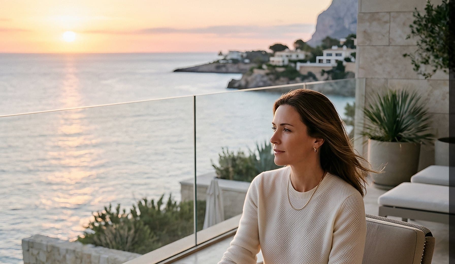 A woman sitting on a terrace above the sea, looking out thoughtfully