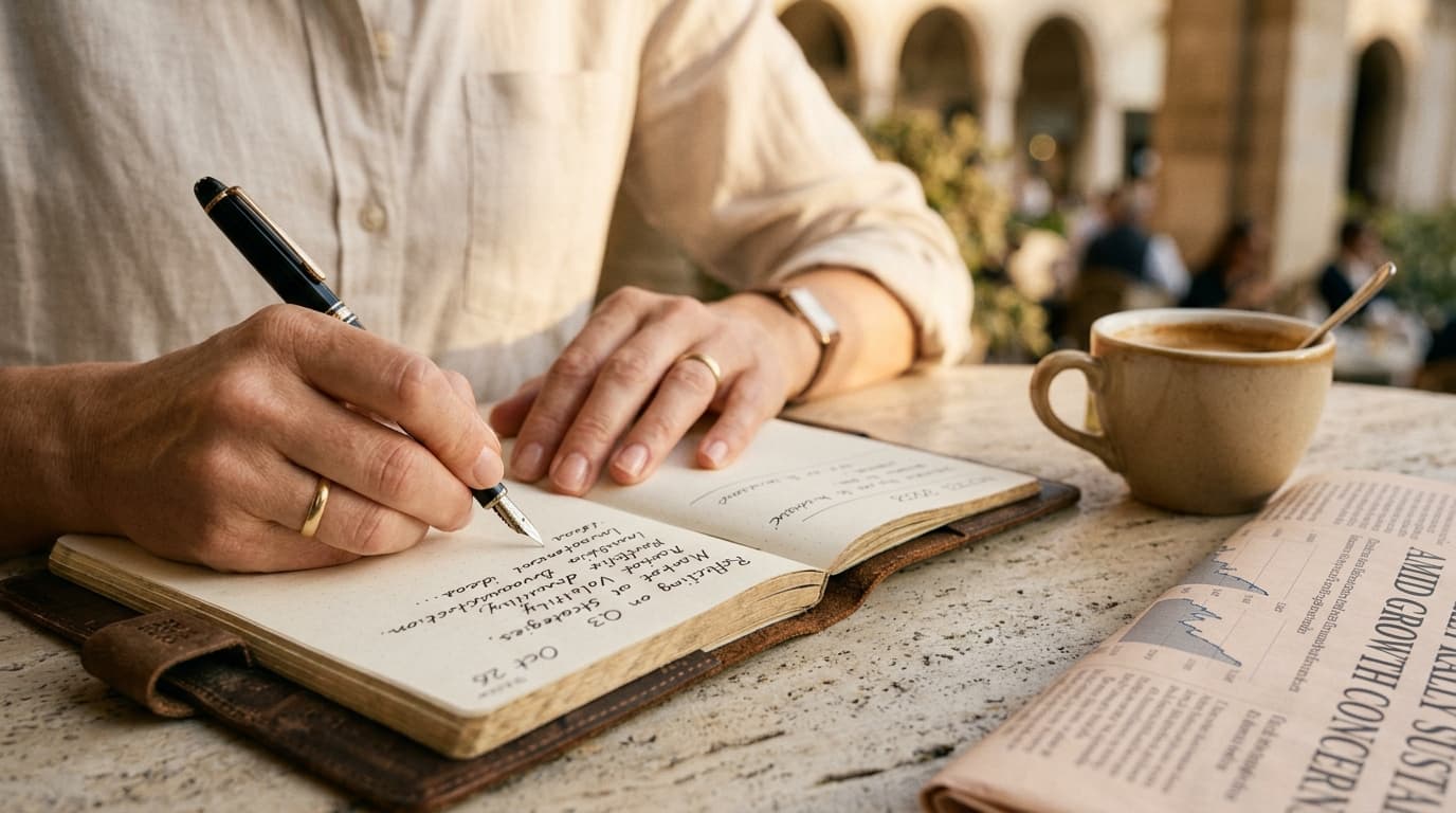 Hands writing in a leather notebook