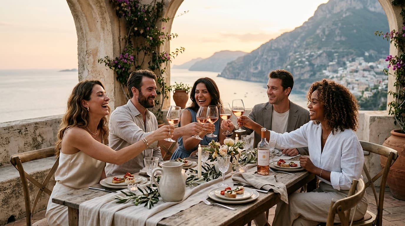 Friends toasting at a dinner table