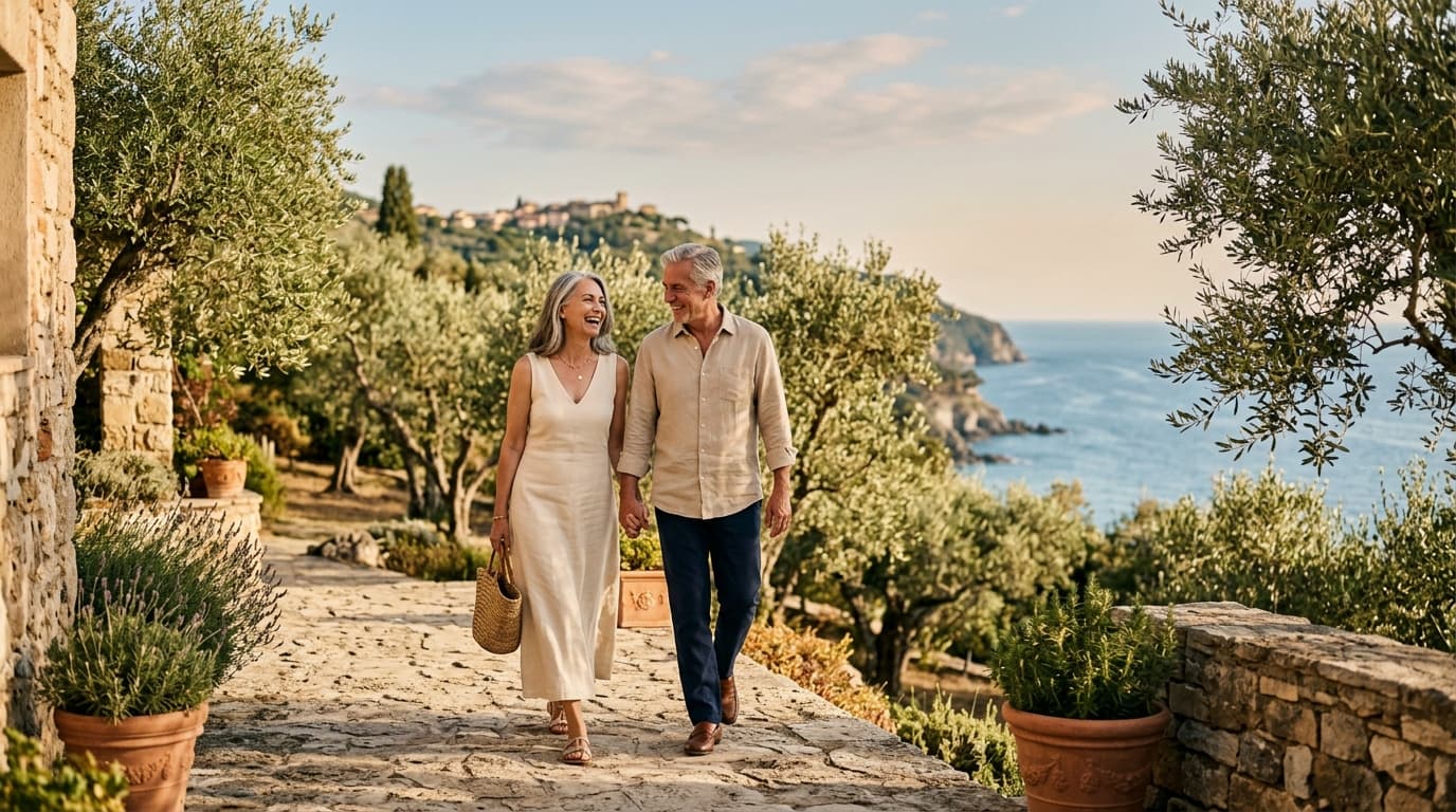 A couple walking through an olive garden