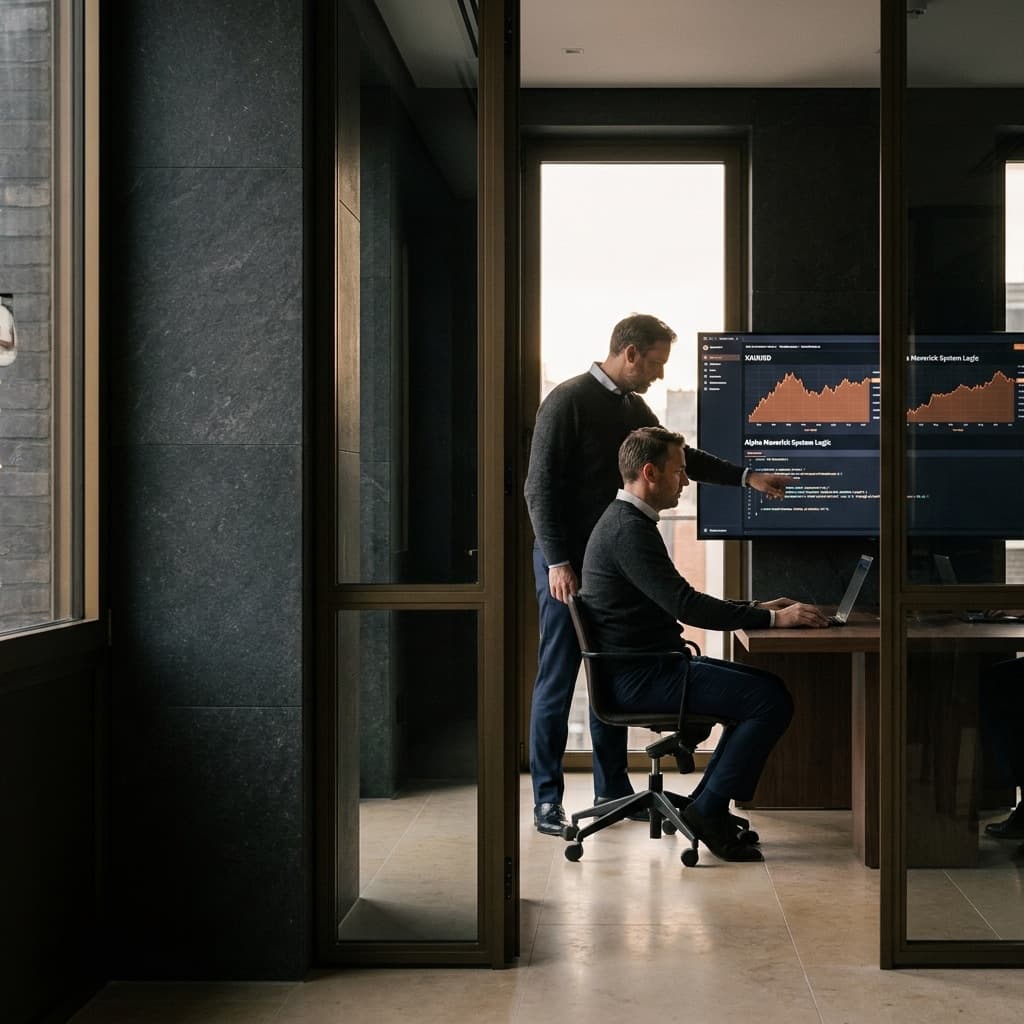 Two colleagues reviewing charts together in a glass office